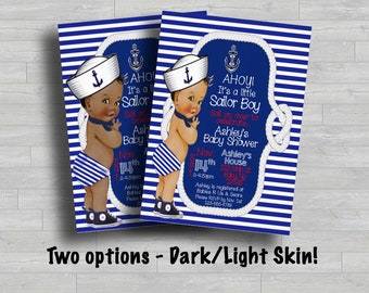 Ahoy Little Sailor Boy-babyshoweruitnodiging | Afdrukbaar nautisch anker blauwe streep | Afro-Amerikaanse babyuitnodiging digitale download