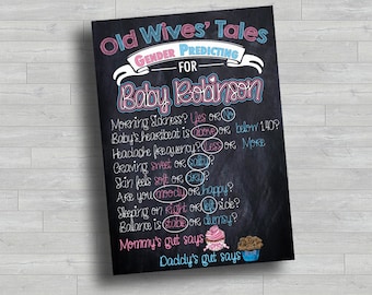 Old Wives Tales Gender Reveal-bord | Krijtbord babyshowerspel | Cupcake Stud Muffin Voorspeller | Afdrukbare digitale download van 5 x 7 inch