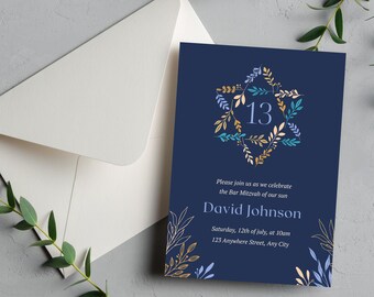 Bar mitswa of bat mitswa verjaardagsuitnodiging | Joods sterontwerpthema | Bewerkbare afdrukbare sjabloon | Digitale Canva-download 5 x 7