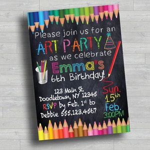 Convite de aniversário para festa de arte | Quadro negro com respingos de tinta e arco-íris | Qualquer idade, qualquer gênero | Convite para impressão 5x7 | Download digital em PDF ou JPG