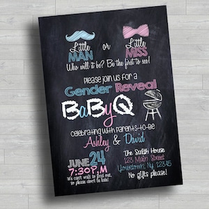 Chalkboard Gender Reveal BBQ BaByQ Invitation Invite Party 5x7 Digital File Download PDF JPG Custom