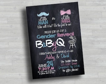 Gender Reveal-uitnodiging voor schoolbord | BBQ BaByQ-feestuitnodiging | Babyshower Little Man of Little Miss | 5 x 7 bewerkbare digitale download