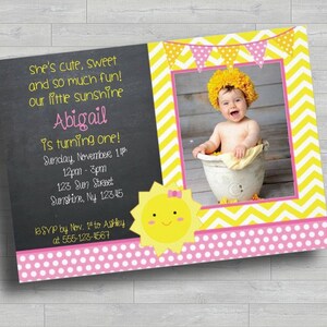 Sunshine Birthday Invitation First Birthday Little Sunshine Yellow You Are My Sunshine Chevron Invite Pink Download Digital PDF JPG