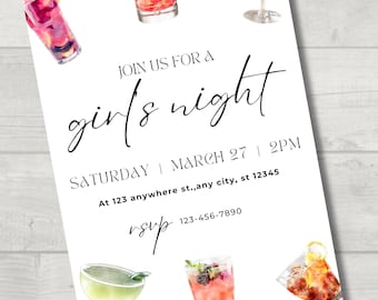 Uitnodiging avondje uit voor meisjes | Ontwerpthema cocktailmocktails| Bewerkbare afdrukbare sjabloon | Digitale Canva-download 5 x 7