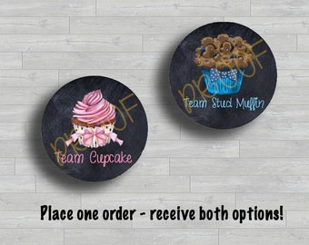 Team Cupcake of Stud Muffin Gender Reveal Pin | Sticker stem babyshower | Digitale download voor roze en blauwe partygame voor jongens of meisjes