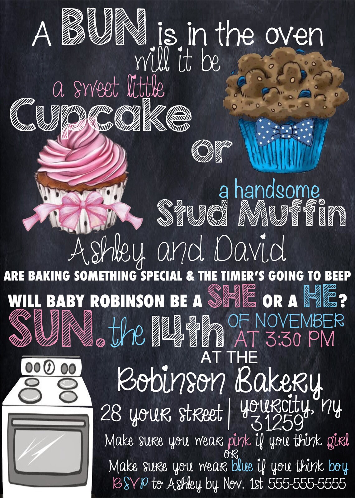 Cupcake or Stud Muffin Gender Reveal Invitation 5x7 Chalkboard Invite