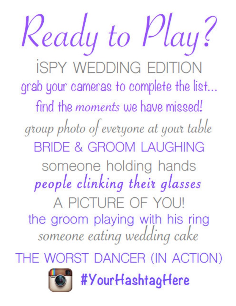 iSpy Wedding Table Game Sign | Custom Instagram Hashtag Photo Hunt | 8x10 Printable Reception Activity | Digital Download PDF JPG image 2