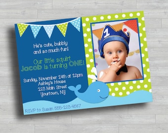 Walvis eerste verjaardagsuitnodiging | Afdrukbaar fotofeestje 1e verjaardag jongen | Oceaanthema babyverjaardagsuitnodiging | 5 x 7 digitale download