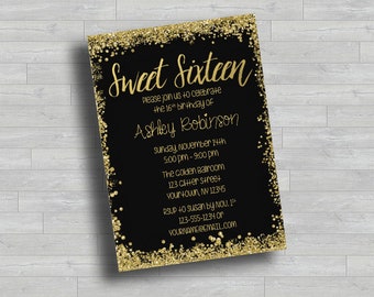 Goud glitter Sweet 16 verjaardagsuitnodiging | Elegante glitter zestiende partij afdrukbaar | 5 x 7 digitale download | DIY pdf jpg-sjabloon