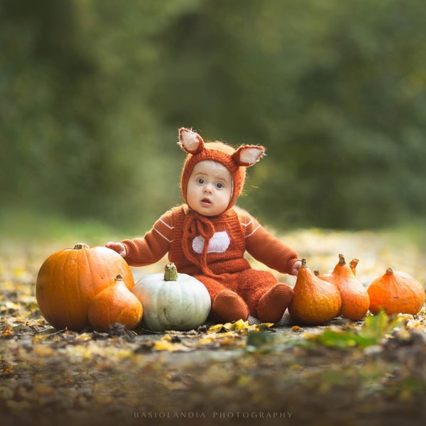Sitter size outfit,9-12 Months,sitter size fox,Knitting fox,knitted fox,Photo Props,Knit bonnet and romper fox,Fox,Fox photo props,