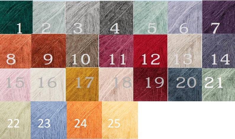 May include: A color chart of 25 yarn colors. The colors are arranged in rows of five. The colors include green, gray, light blue, red, brown, orange, yellow, and pink.