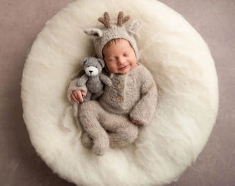 Newborn reindeer,Newborn outfit,Newborn bonnet,footed romper,reindeer hat,reindeer bonnet,newborn set,alpaca and silk outfit