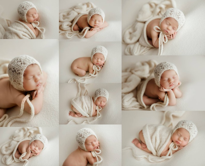 May include: A collection of nine photographs featuring a newborn baby wearing a white crocheted bonnet. The baby is posed in various positions on a white background.
