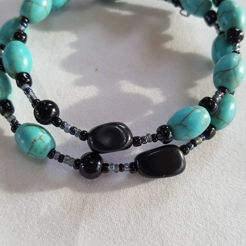 Memory Wire Cuff Bracelet Shiny Item # B030 Black Onyx Wrap Bracelet Turquoise Howlite Beaded
