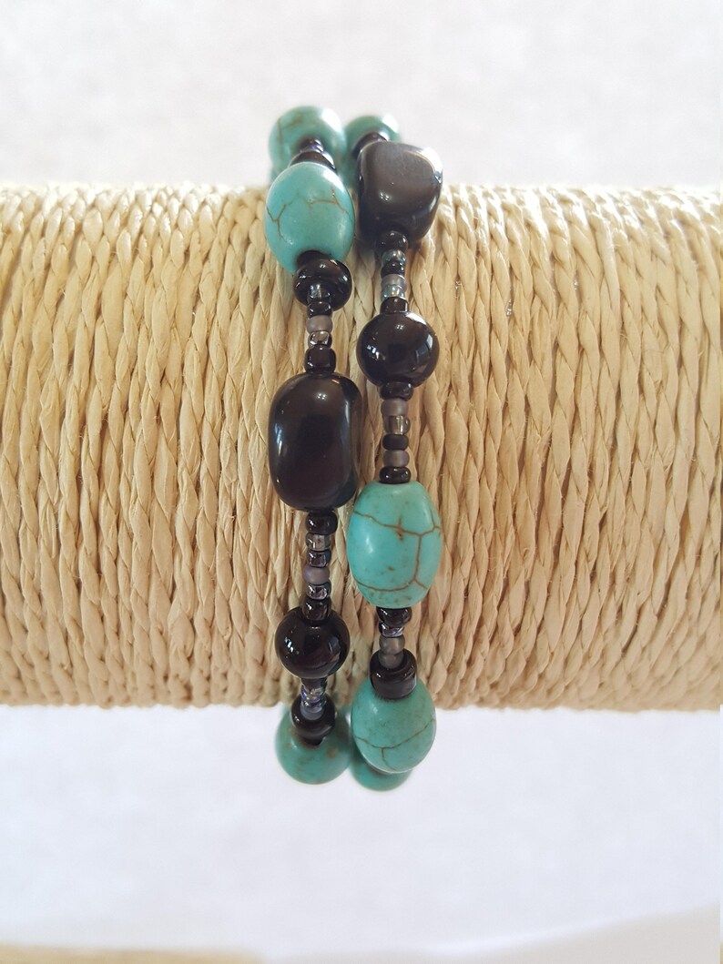 Memory Wire Cuff Bracelet Shiny Item # B030 Black Onyx Wrap Bracelet Turquoise Howlite Beaded
