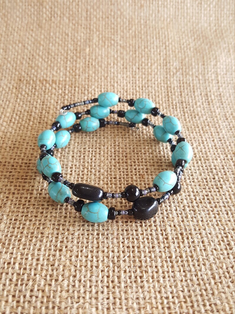 Memory Wire Cuff Bracelet Shiny Item # B030 Black Onyx Wrap Bracelet Turquoise Howlite Beaded