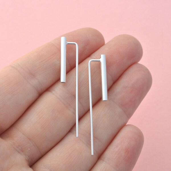 Bar Tube Threader Earrings, Vertical Drop, Modern Minimalist, Eco Friendly Reclaimed Sterling Silver, Trending, Ear Jacket, minimetal
