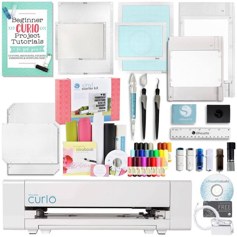 Silhouette America Curio Crafting Machine With Large Base Vinyl Kit Deep Cut Blade Premium Blade Etching Tools And More