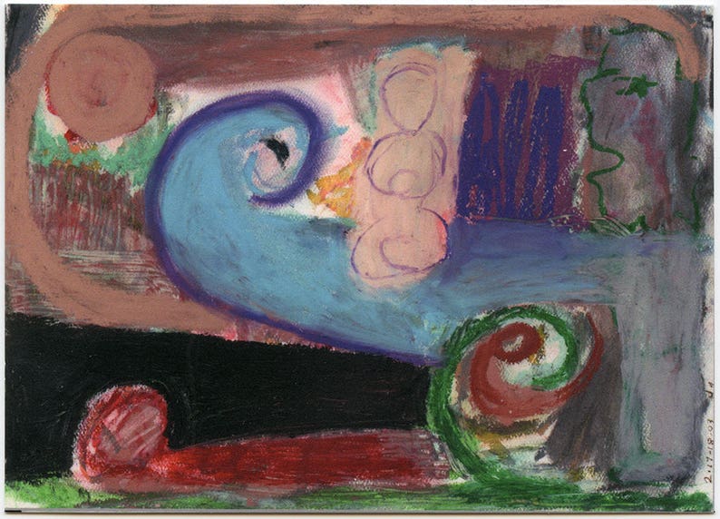 limited edition ink jet print of 2003 outsider art brut oil pastel by Denis Grundmann ATC Artist Trading Card #22 Blue Form dg