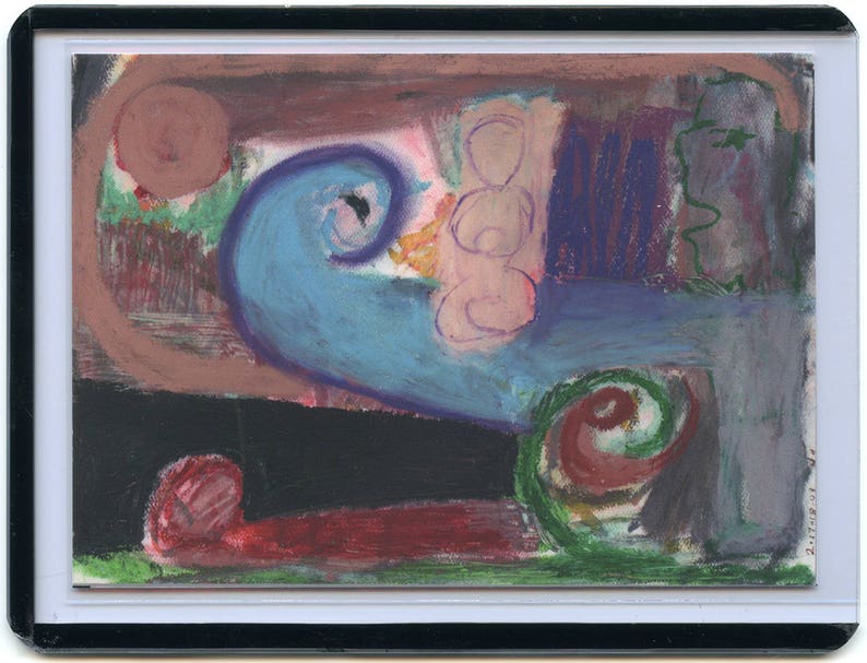 limited edition ink jet print of 2003 outsider art brut oil pastel by Denis Grundmann ATC Artist Trading Card #22 Blue Form dg
