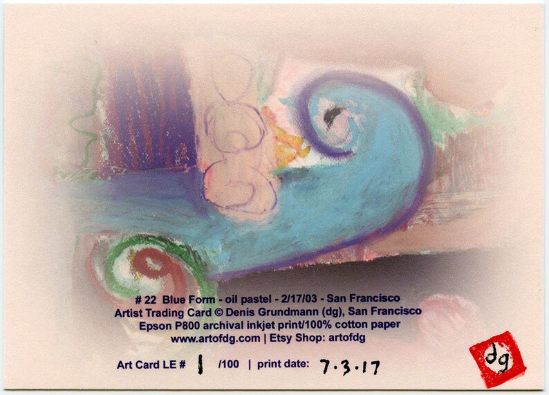 limited edition ink jet print of 2003 outsider art brut oil pastel by Denis Grundmann ATC Artist Trading Card #22 Blue Form dg