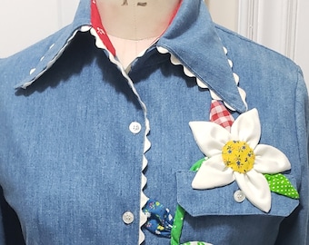 Vintage   Catherine Carr Floral Applique Shirt Jacket  Flowers Rick Rack