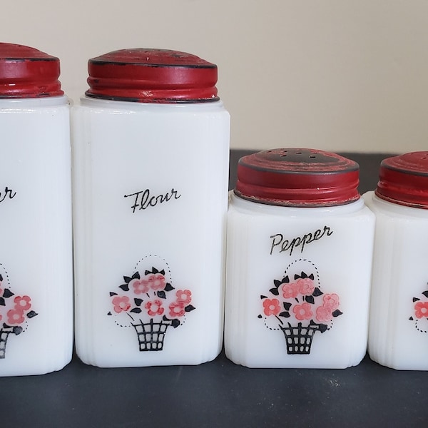 Set of 4   Tipp City Milk Glass  Flower Basket Range  Top Shakers Red Tops Salt  Pepper Sugar Flour - Decorated Milk Glass - Signed TIPP USA