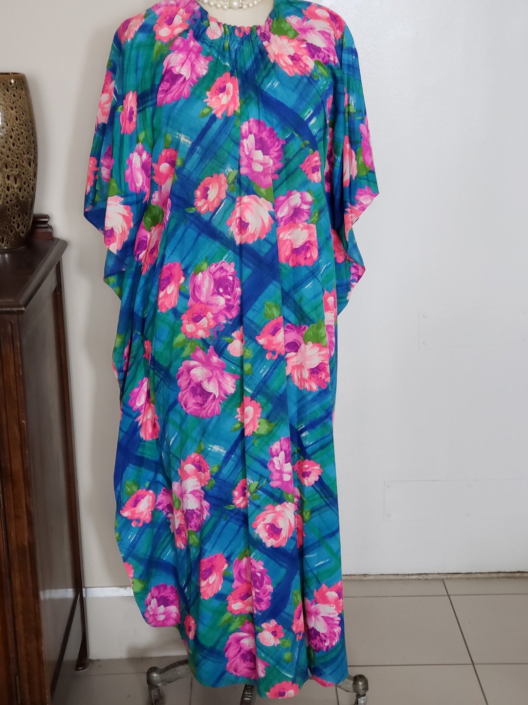 Hawaiian Palm Floral Multicolor Pleated Caftan