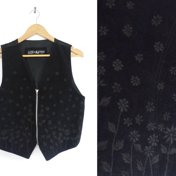 black suede vest floral embroidered cropped vest suede leather vest 80s v-neck flower embroidery suede waistcoat womens vest small