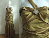 90s metallic gown olive green taffeta gown floor length mermaid dress one shoulder maxi dress evening gown womens xs small