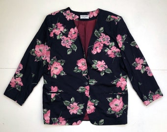 Vintage Floral Blazer | 90s Navy Blue Rayon Flower Print Jacket with Pockets | Womens Size XL