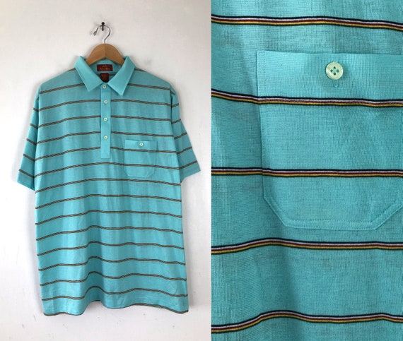 Vintage Mens Striped Polo Shirt | 80s Blue Fine K… - image 1