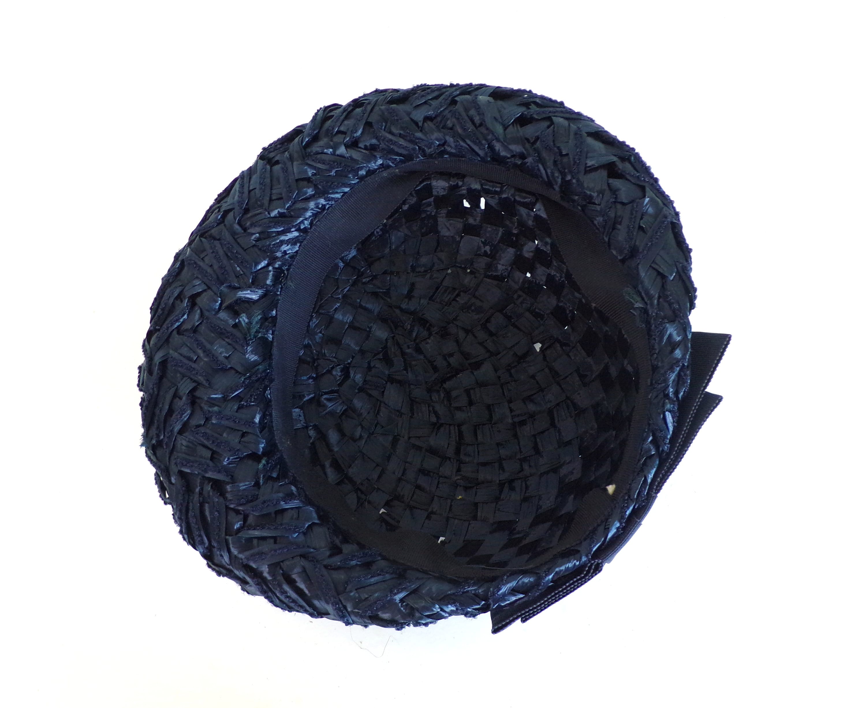 Vintage 60s Straw Hat Navy Blue Round 1960s Fascinator Cap  display picture 3