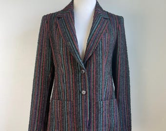 Blazer vintage de tweed boucle listrado e colorido, tamanho pequeno, em lã, estilo preppy chic dos anos 70.