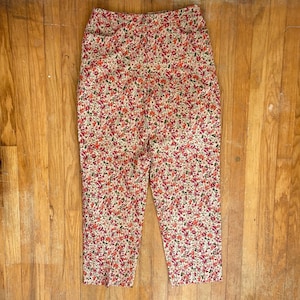 Vintage High Waist Floral Pants Womens Size Large 30&quot; Waist 1990s Cotton Trousers with Pockets