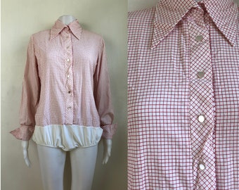 Vintage Plaid Cotton Bodysuit | 70s Checkered Button Down Long Sleeve Bodysuit | Womens Size Medium