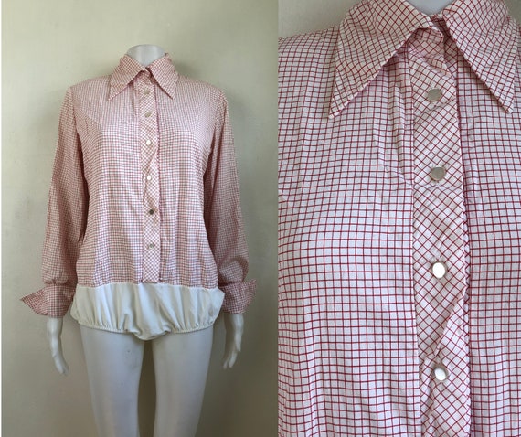 Vintage Plaid Cotton Bodysuit 70s Checkered Button Down Long Sleeve Bodysuit  Womens Size Medium -  Finland