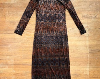 Vintage Burnout Crushed Velvet Dress Size Small Black/Brown Floral Long Maxi