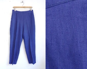 Vintage High Waist Capri Pants Size Medium | 30" Waist | 70s Periwinkle Blue Woven Cropped Trousers