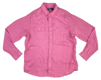 Vintage Mens Pink Linen Shirt Size XL | 1990s Polo Ralph Lauren Button Down