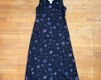 Vintage bloemen maxi-jurk maat Small jaren 90 marineblauwe mouwloze zomerjurk
