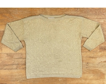 Pull vintage en or métallique taille XL des années 90 en tricot acrylique col bateau
