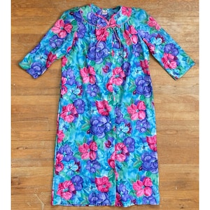 Vintage Floral Fleece Nightgown Size Large 1980s Button Down Dressing Gown Housecoat