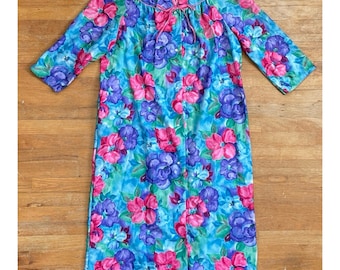 Vintage Floral Fleece Nightgown Size Large 1980s Button Down Dressing Gown Housecoat
