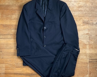 Vintage Mens Suit Set Size 42R Blazer 32x27 Pants 90s Navy Blue Pinstripe Suit Coat & Pants