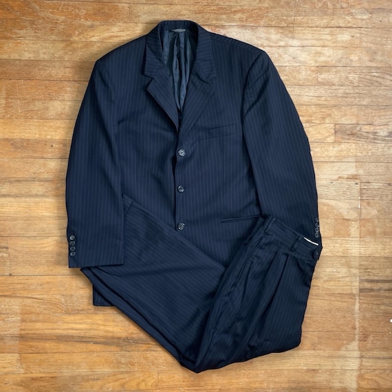 Vintage Mens Suit Set Size 42R Blazer 32x27 Pants 90s Navy Blue