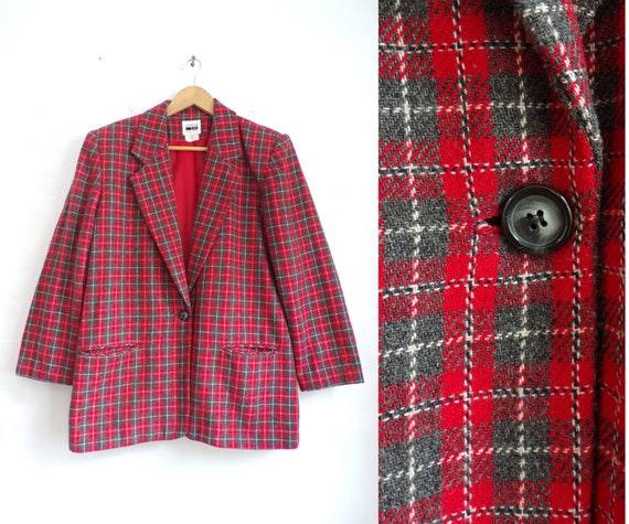 Vintage Plaid Wool Blazer 80s Red Tartan Boxy Cut