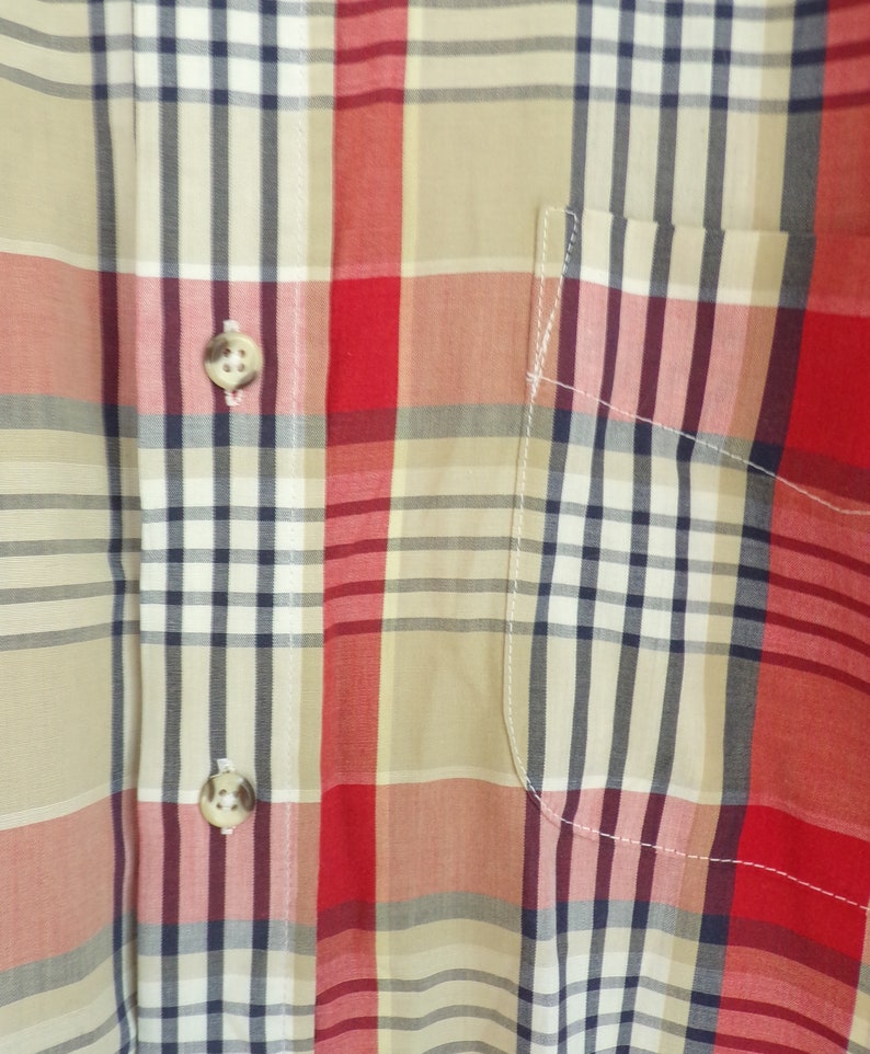 Vintage Mens Plaid Shirt 90s Red Tartan Poplin Long Sleeve Collared Button Down Dress Shirt Size XL Tall