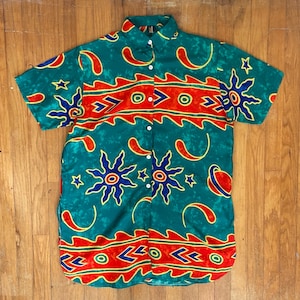 Vintage Celestial Print Top Size Large 1990s Rayon Sun Stars Button Down Shirt