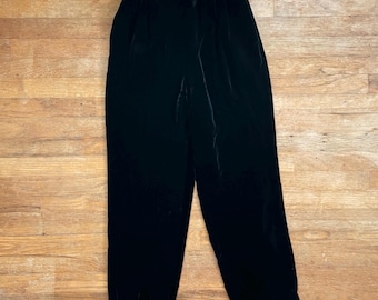 Vintage Black Crushed Velvet Pants Size Small 26&quot; Waist 1980s Tahari High Waisted Trousers